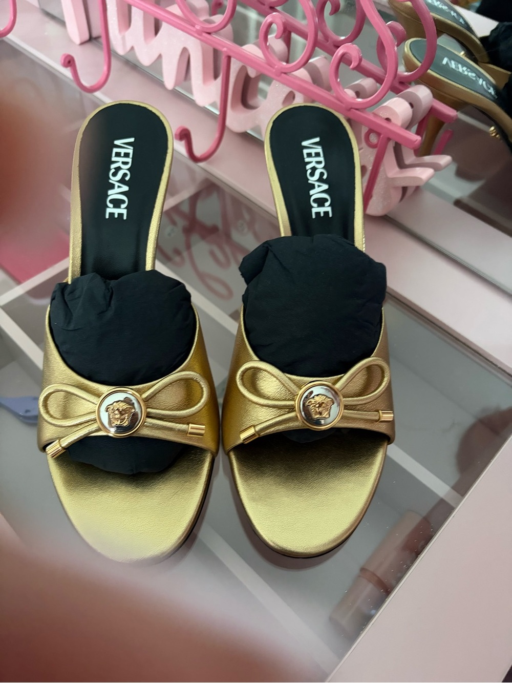 Versace Gold Bow-Accent Women's Heeled Mules - Picture 5 of 8